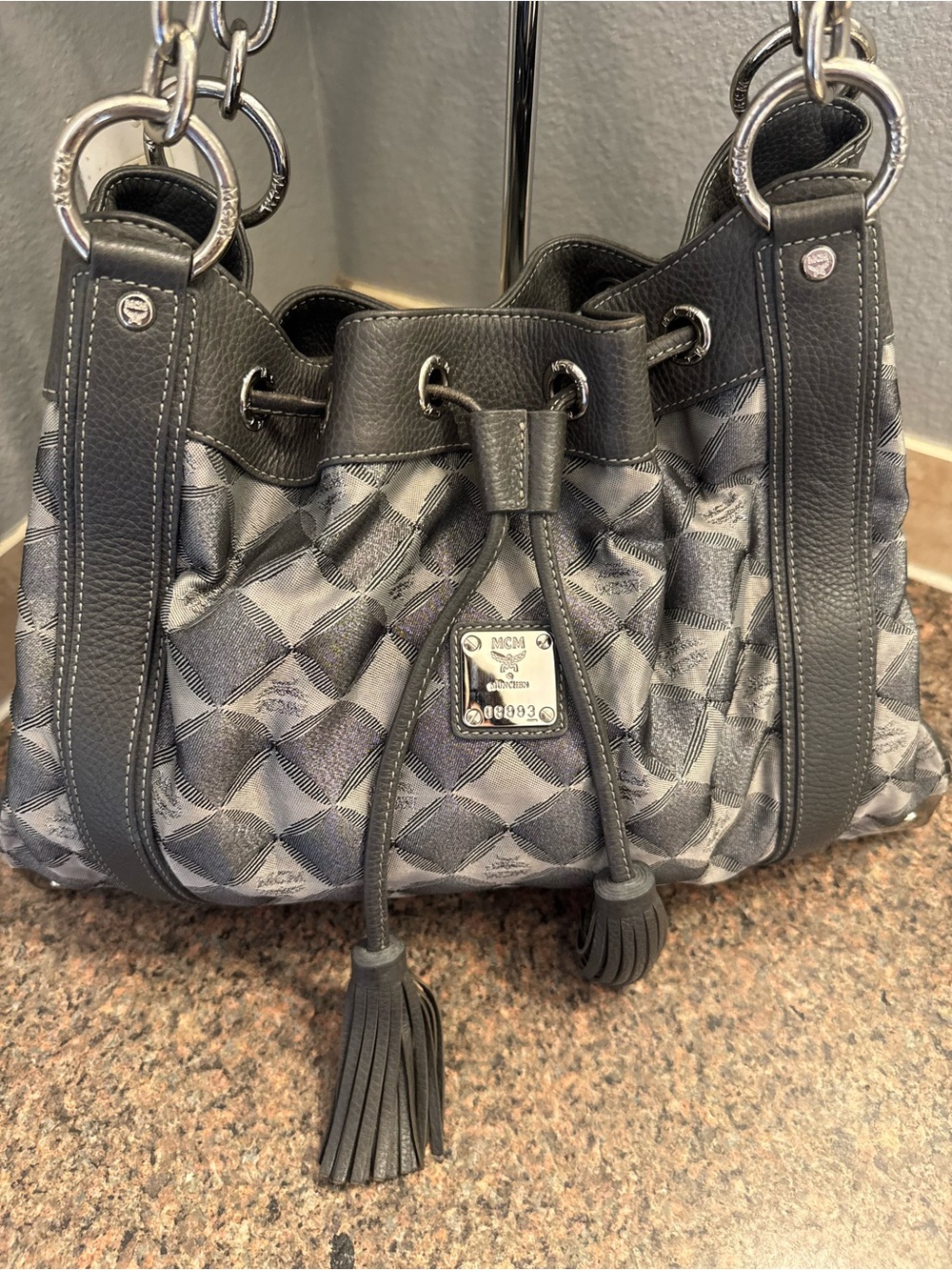 MCM Gray limited edition Drawstring Shoulder Bag with Tassels EUC - Picture 2 of 9